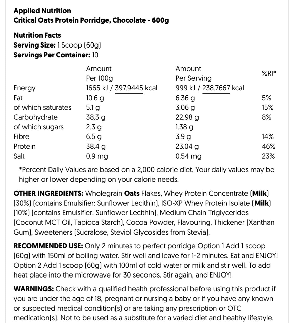 Critical Oats Protein Porridge Applied Nutrition